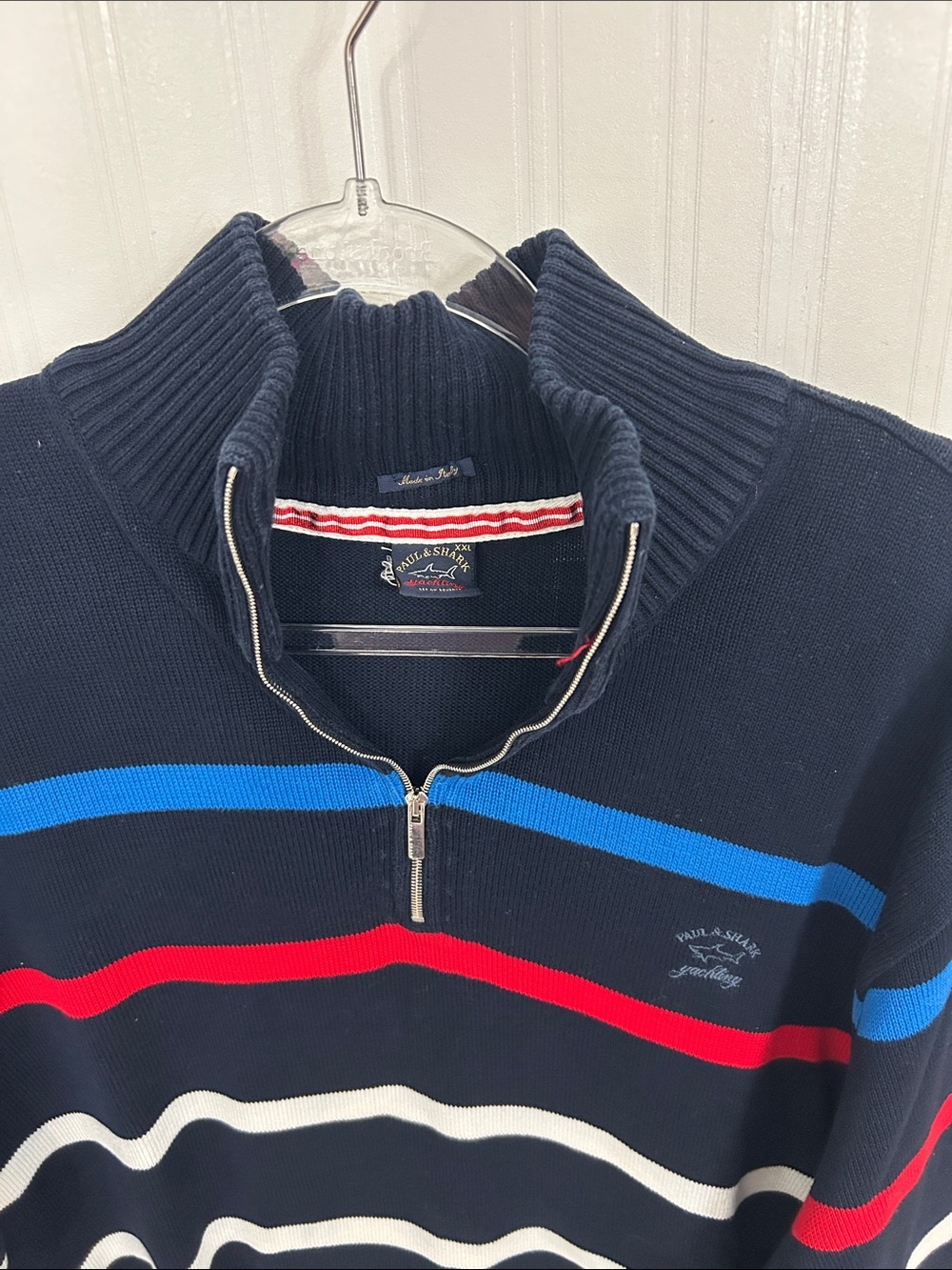 Paul & Shark Navy Half-Zip Sweater with Red, Blue & White Stripes